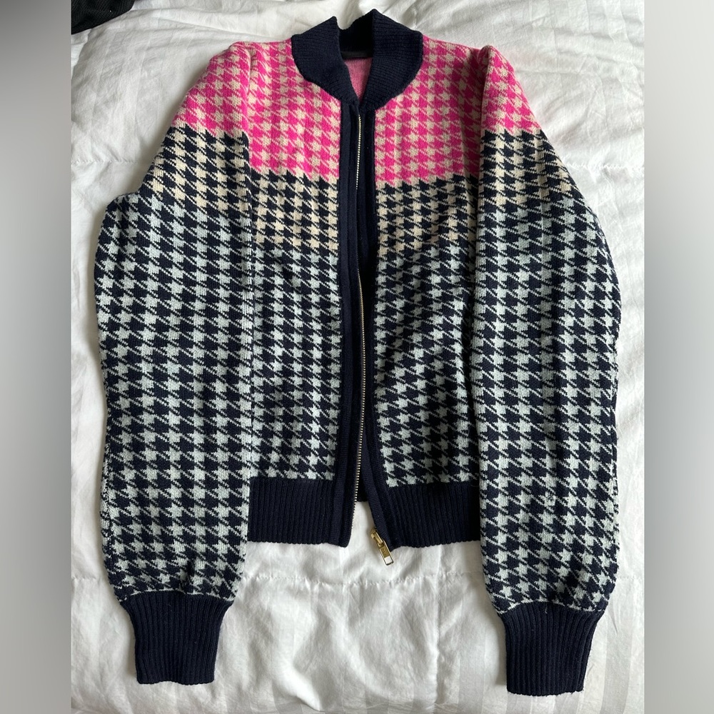 J. CREW Size XS/S Wool Houndstooth Sweater Navy Cream Fuchsia Pink Gold Zipper